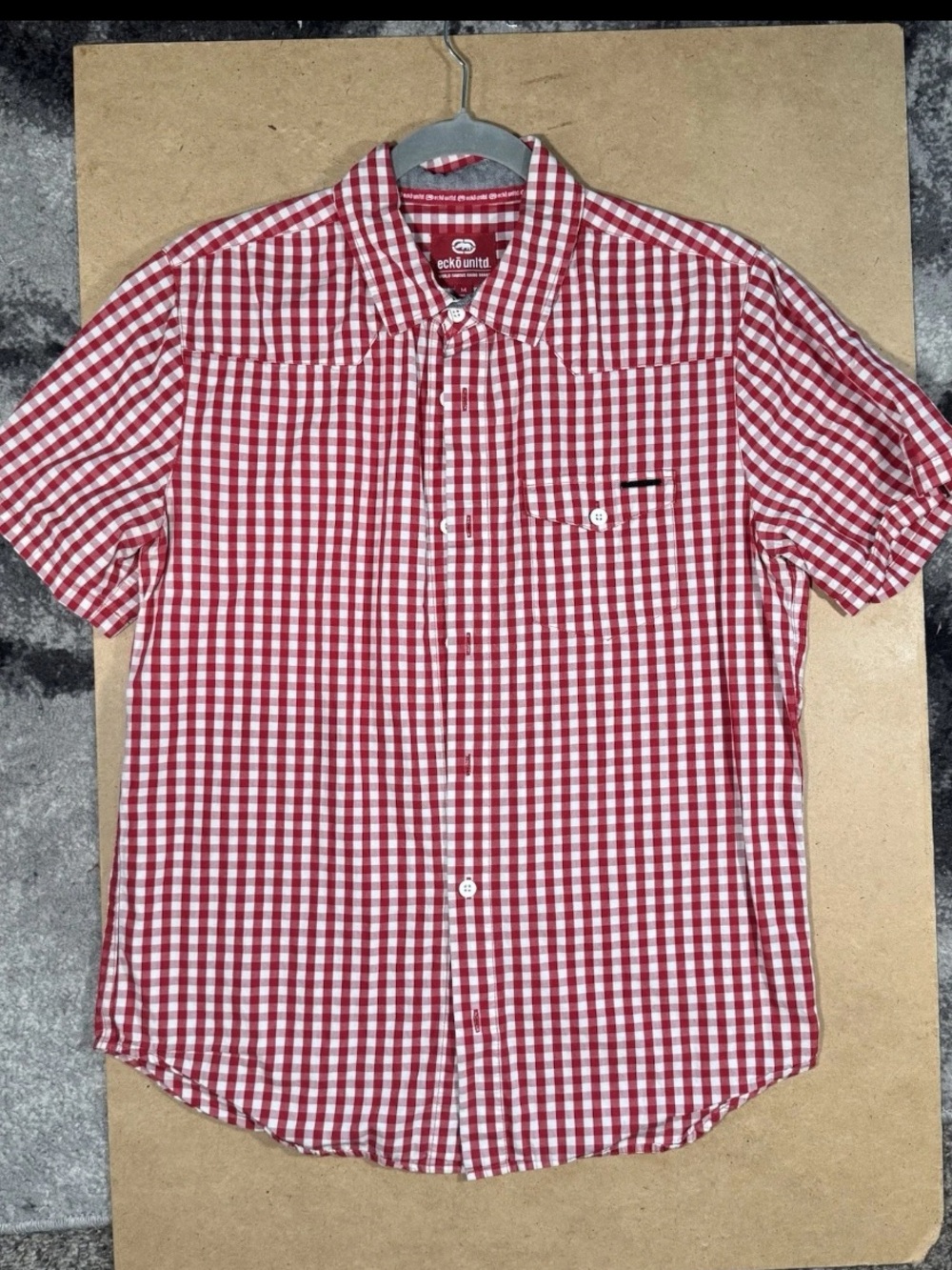 Ecko Unltd Red White Gingham Plaid Short Sleeve Button Up Shirt Men’s M